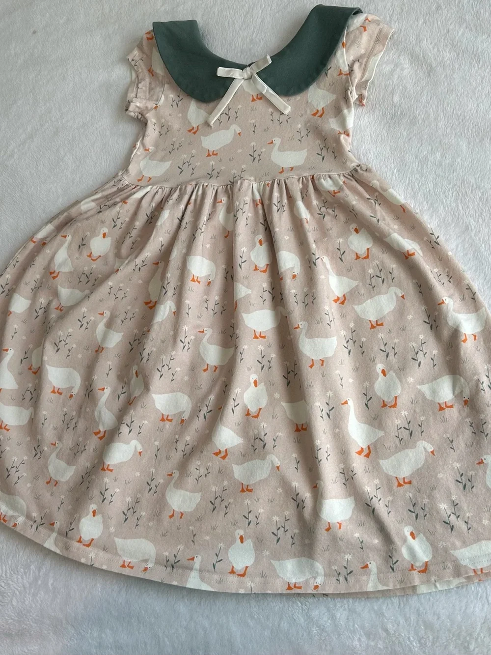 Girls Taupe Goose-Print Dress with Green Peter Pan Collar